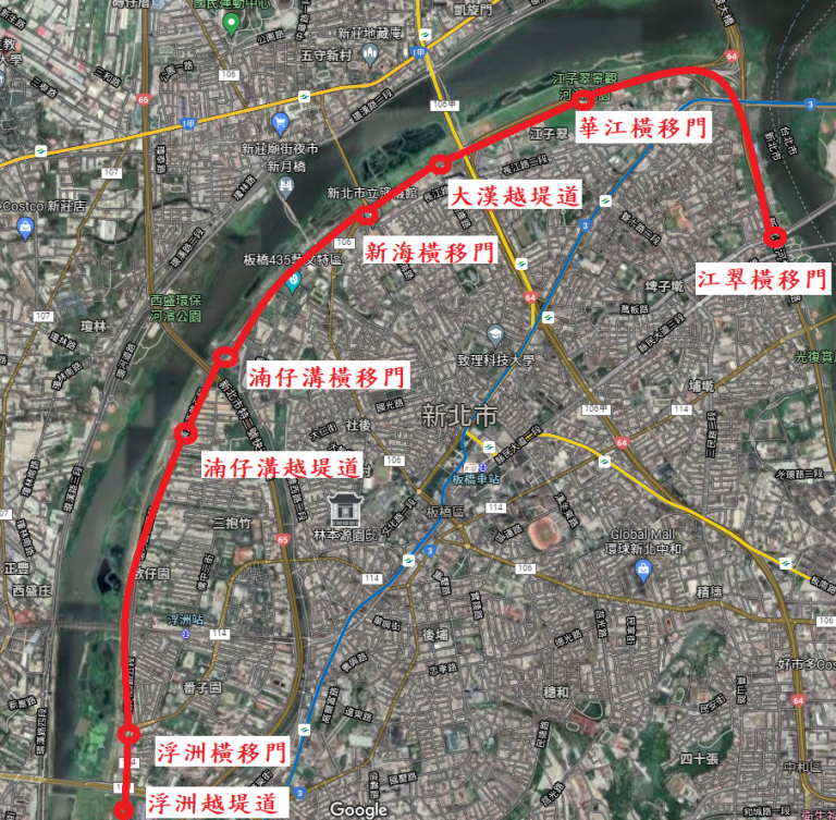 圖片說明：新北市體育處規劃賽道由板橋區江翠橫移門河川高灘地延伸至浮洲橋下。(記者林鈞澤翻攝)