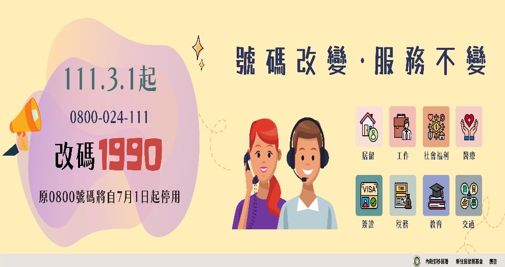 圖片說明:新住民生活諮詢專線1990。(移民署提供)