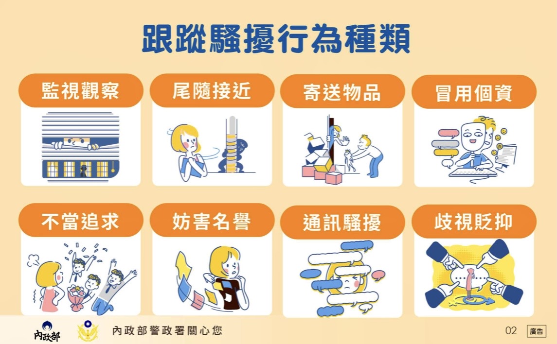 圖片說明：臺北市保大員警宣導民眾認知八大類跟騷行為，包括：監視觀察、尾隨接近、寄送物品、冒用個資、不當追求、妨害名譽、通訊騷擾、歧視貶抑。(記者宋紹誠翻攝)