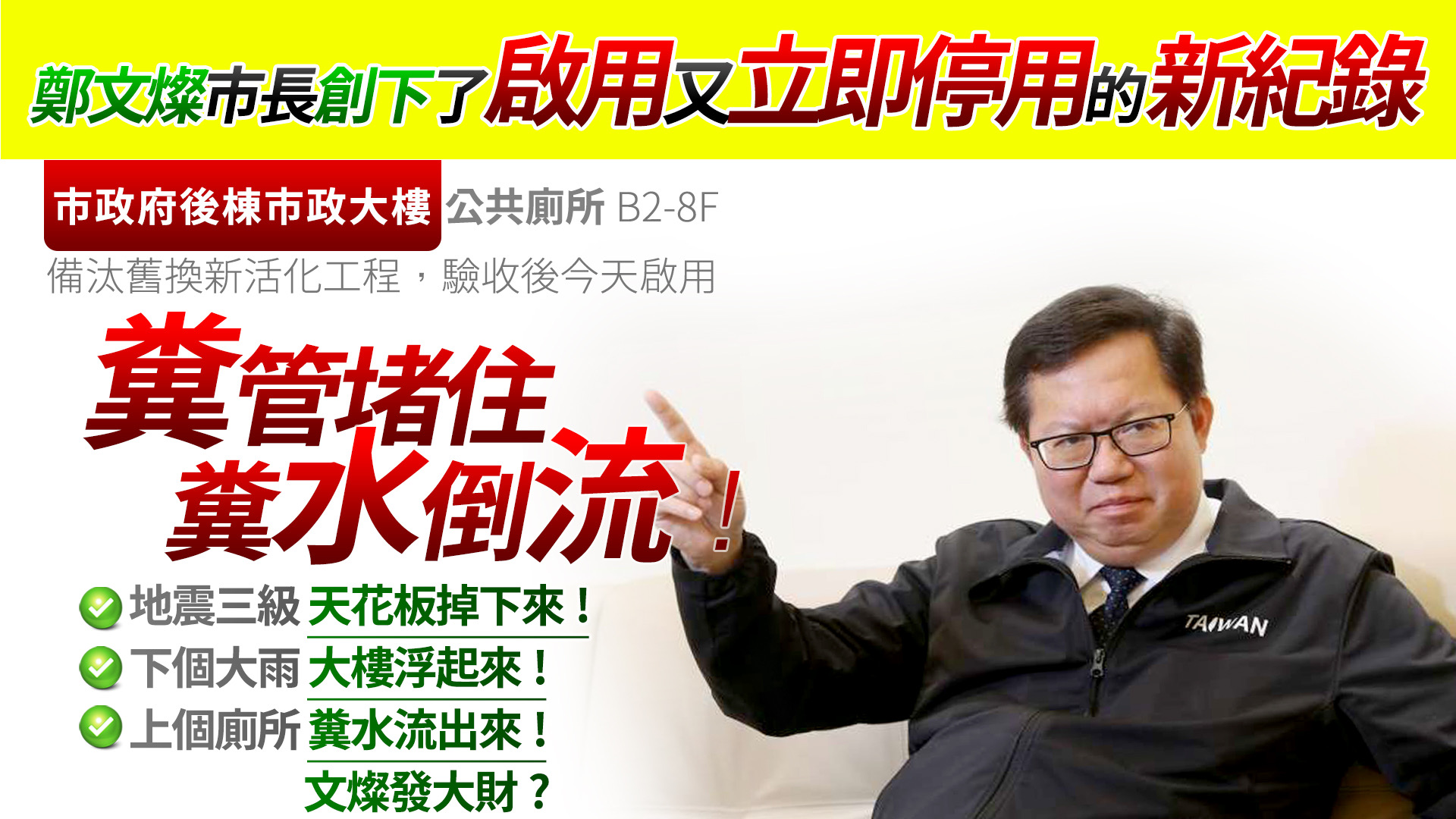圖片說明:巿長鄭文燦遭酸創下啟用又立刻停用的最速紀錄。(圖/張善政競選總部提供)