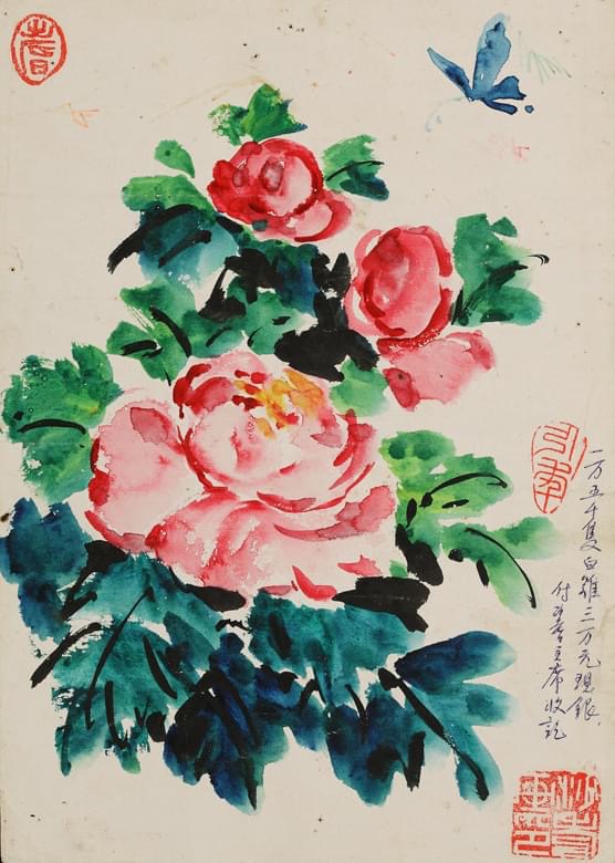 有「中國梵谷」之稱的沙耆《花香蝶自來》為熱門精品之一。（圖/翻攝自卡門畫廊臉書）