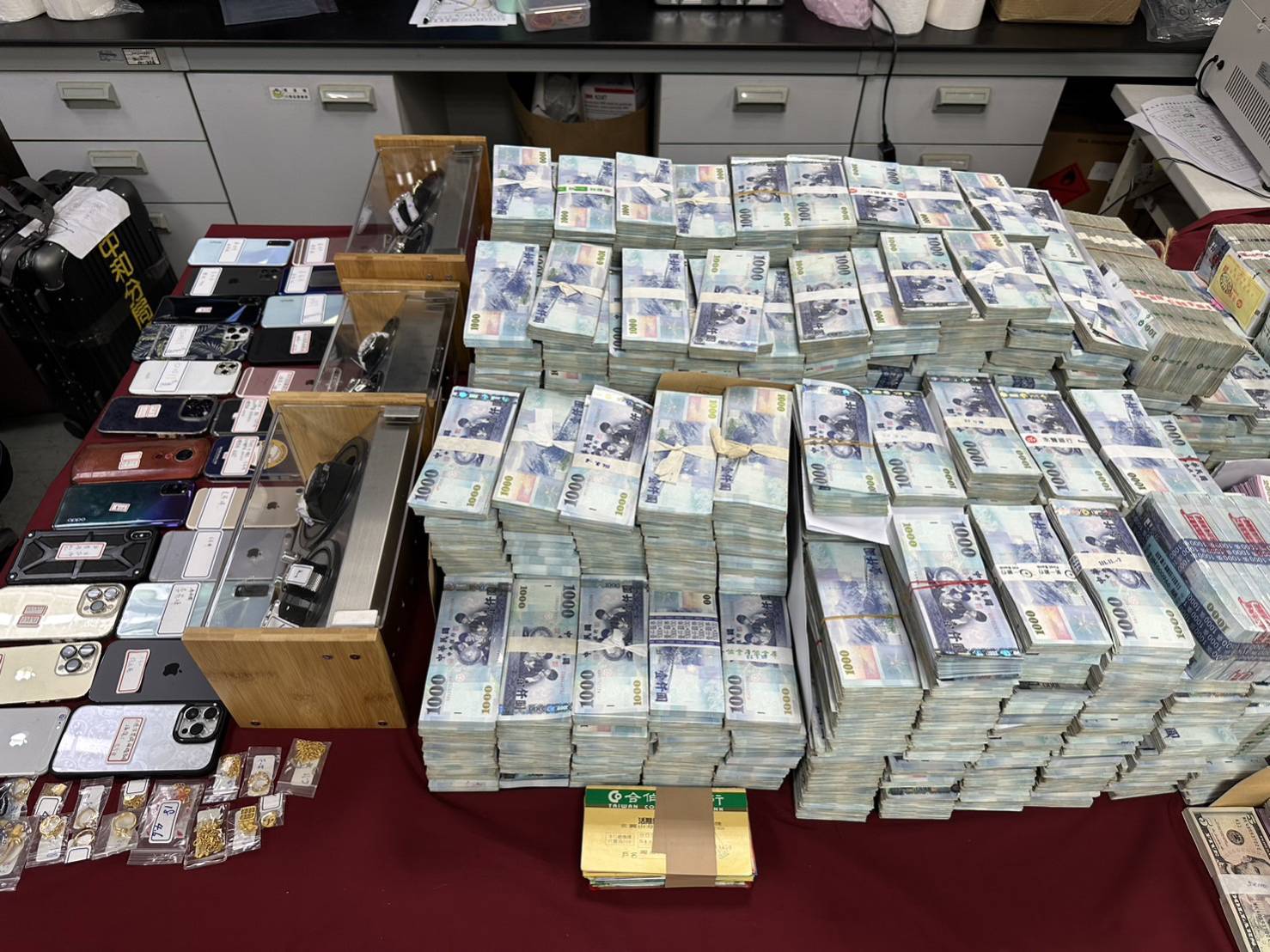 查扣不法所得新臺幣1億3,400餘萬元、金塊、外幣、車輛及不動產15筆等,另扣得手機、電腦、教戰守則等贓證物。(記者張艷君翻攝)