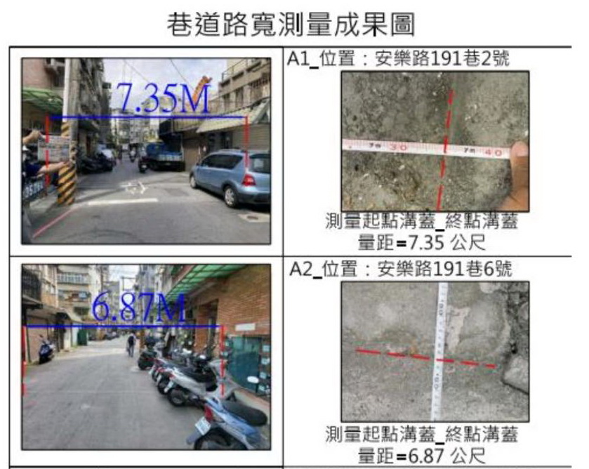 經現場實地測量結果,「華鋐晴晨」建案接臨道路多處不足8米,明顯不符相關規定。