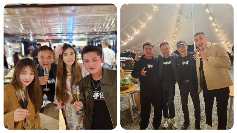 雄鷹集團執行長梁軒安(左4)與檜木天王郭建佑(左2)聯手打造的「宿禧家」品牌，正式與地產大亨呂台年(右2)的丹內奢華莊園正式聯名。(圖／鷹傳媒提供)