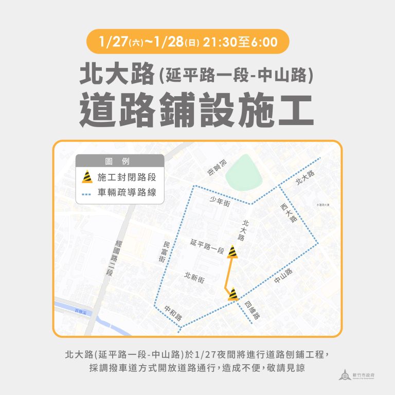 北大路至中山路口施工交管資訊。（圖/工務處提供）