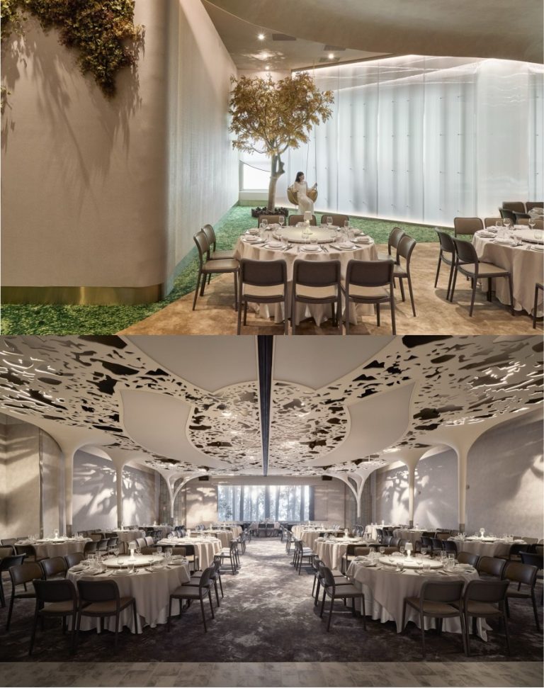 surReal系列的「大地」空間以真實的山林大樹妝點(上圖),surReal系列的「光影」空間天花板為雷射雕刻,創造動態剪影(下圖)。(圖/典華幸福機構提供)