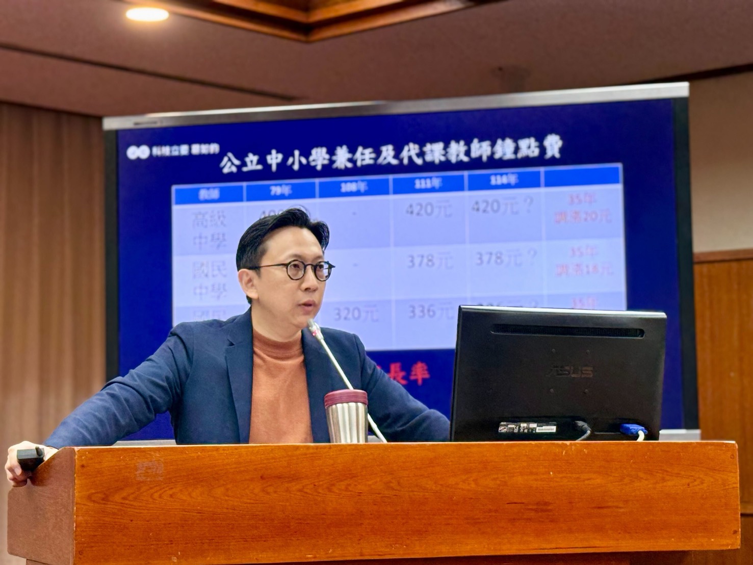 葛如鈞質詢時揭露公立中小學兼任與代課教師「鐘點費」35年來薪資漲幅竟然「連一支原子筆都不到」的真相。(圖/葛如鈞國會辦公室)
