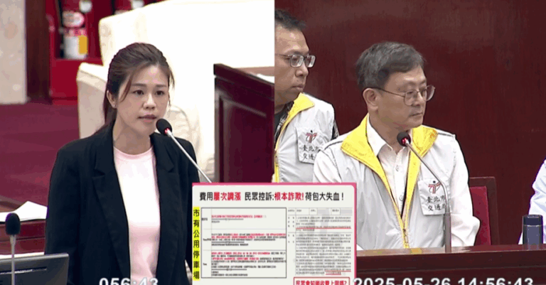 台北市議員洪婉臻26日針對北市停車場的收費亂象進行質詢。(翻攝自台北市議會議事影音)