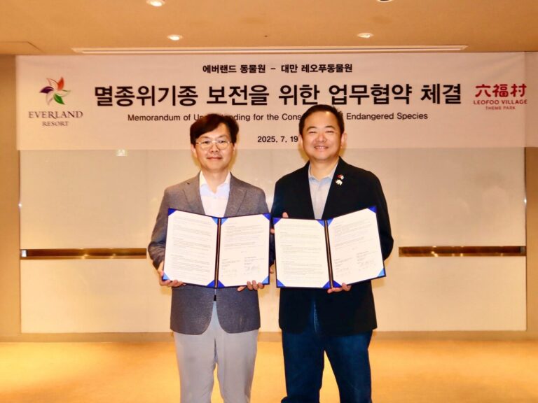 六福村主題遊樂園與韓國愛寶樂園（EverLand）於2025年7月19日正式簽署瀕危物種保育合作備忘錄，雙方代表合影留念，象徵跨國保育合作邁入新里程碑。（圖/記者張家燁翻攝）