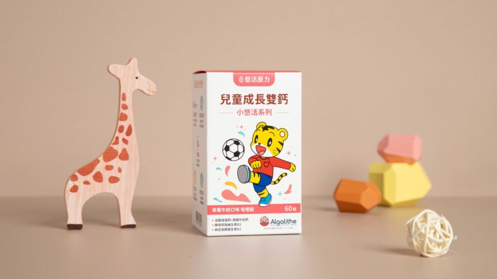 巧虎聯名小悠活兒童保健系列產品,主打安全配方、優質原料、咀嚼方便、風味多元、檢驗合格,圖中為「兒童成長雙鈣」。(圖 / 悠活原力 提供)