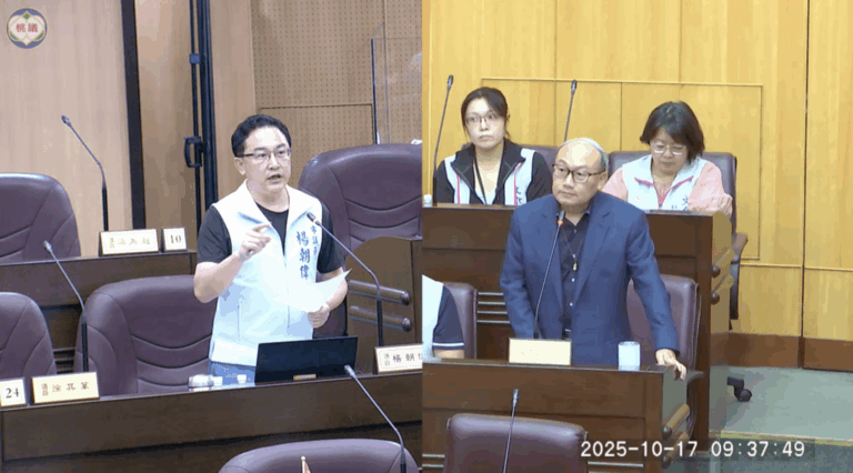 桃園市議員楊朝偉(左)、桃園市文化局長邱正生(右)。(圖/桃園市議會議事錄影)