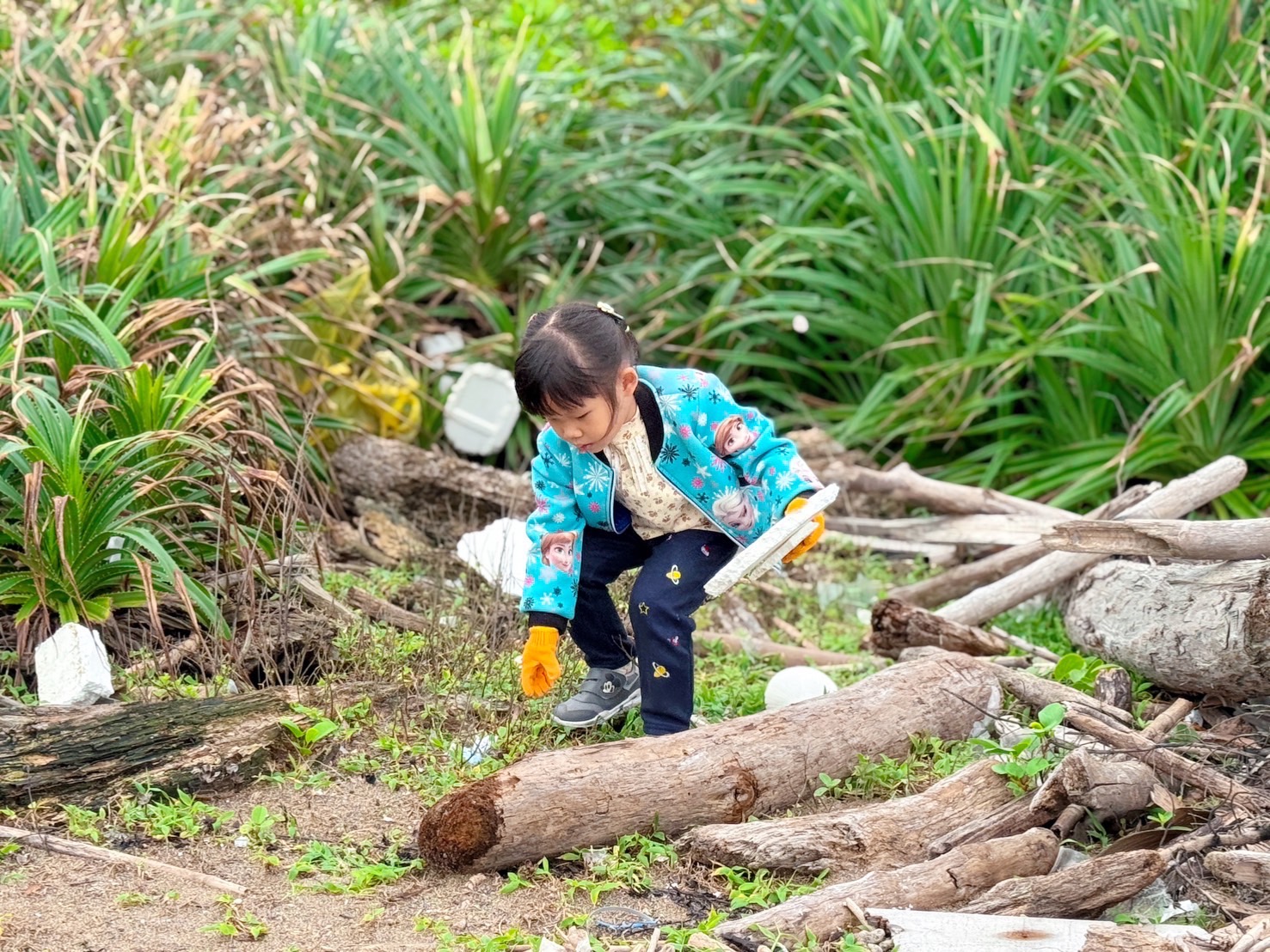小小志工彎腰撿拾海廢,以行動展現永續教育向下扎根的重要精神。(圖/新創總會提供)