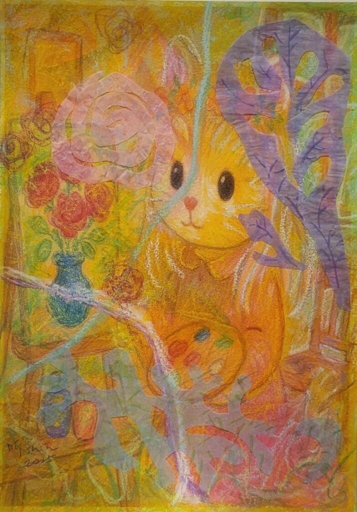 藝術家李昕於展場中呈現《疼。喜》系列作品，透過貓的意象回應病痛經驗，將身體脆弱轉化為創作能量。（圖／主辦單位提供）