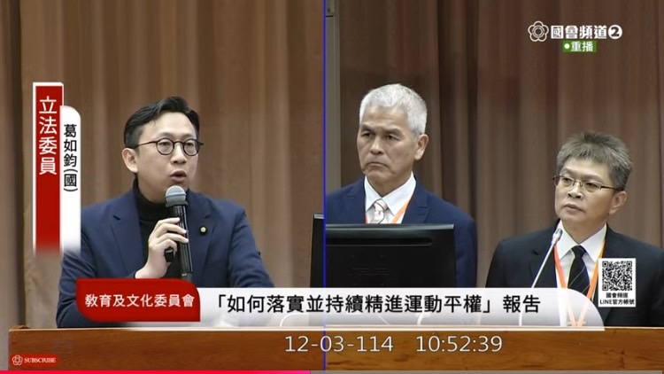 葛如鈞嚴正質疑，「難道帕運選手就不是運動員嗎？為國爭光的價值為何被分級？」(圖／國會頻道)