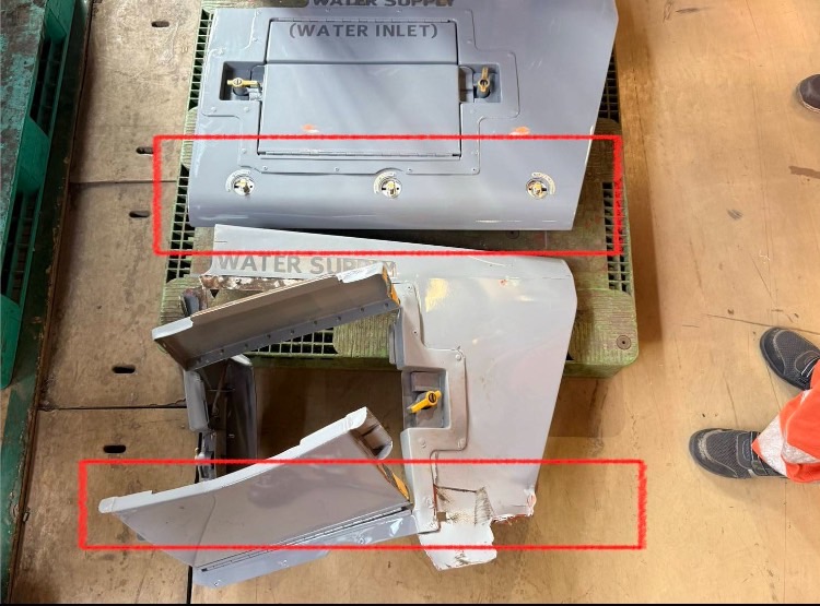 高鐵列車於燕巢總機廠至烏日基地進行正線試運轉測試時，發現車體多處刮痕，且車側外蓋板遺失。(圖／王鴻薇國會辦公室)