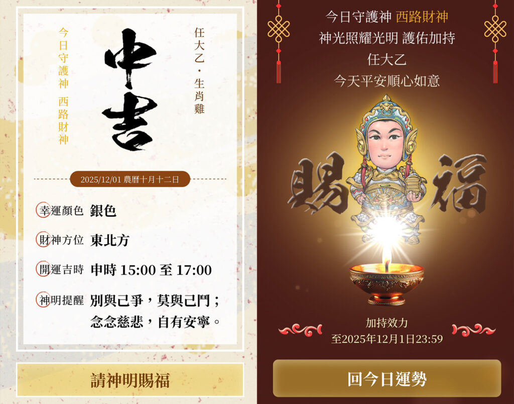 新竹財神殿開發的「今日運勢」APP，以科技結合宗教文化，提供每日免費占卜功能。（圖／新竹財神殿提供）