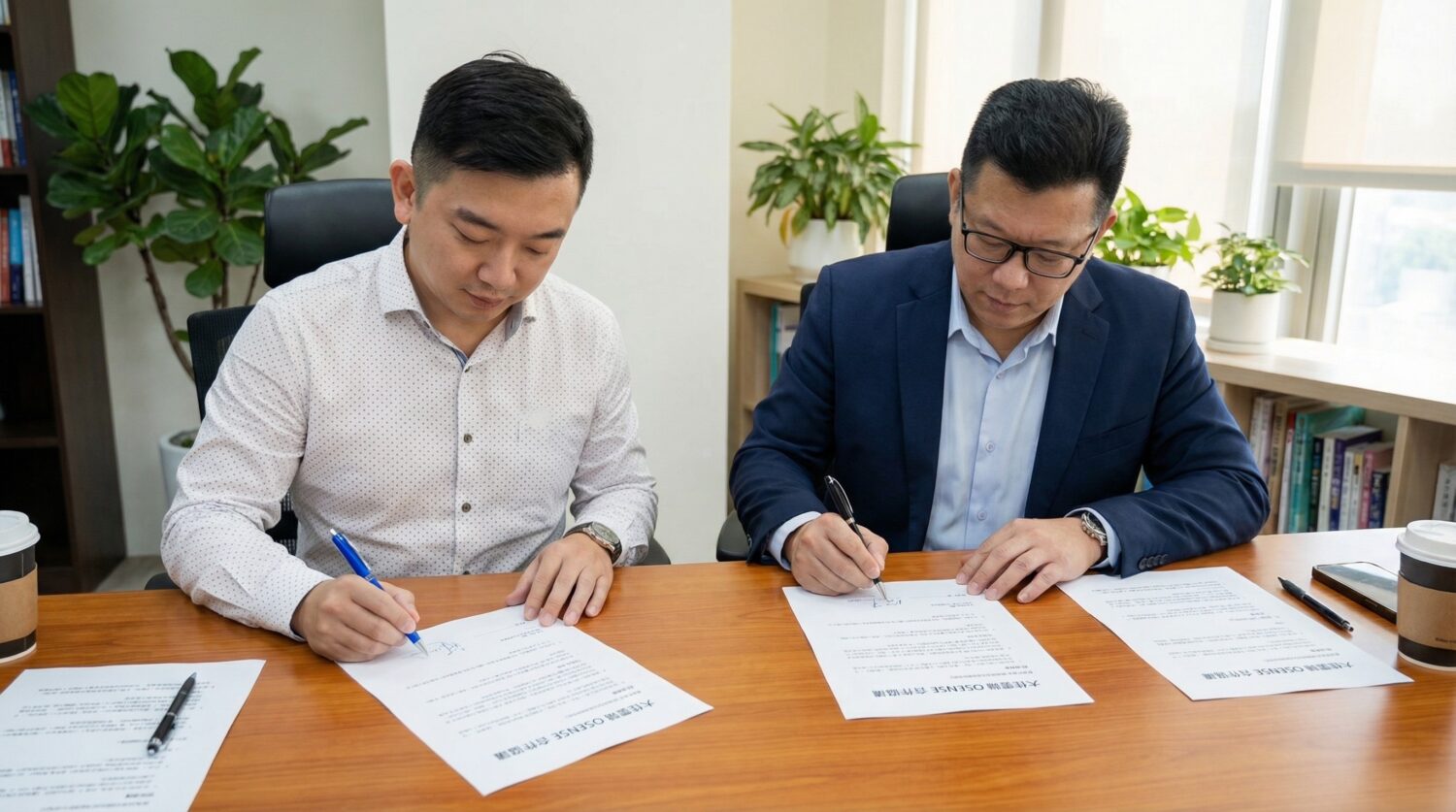 光禾感知執行長王友光（左）與大佳雲端科技總經理李國憲（右）於簽約現場合影留念，象徵雙方正式啟動生成式 AI 企業導入合作。（圖／記者林照東翻攝）