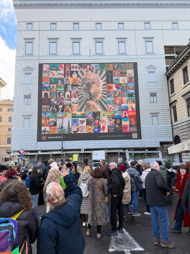 Expo Metro Rome邀請72個國家559位藝術家戶外聯展，吸引大量藝術愛好者駐足欣賞，右上第二行、第三列為年僅12歲的台灣小畫家周宸安作品《Growth, Pencil Sketch, 19.5x27cm》。(圖／Expo Metro Rome提供)