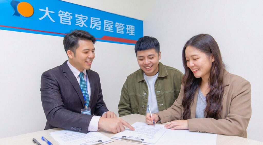 大管家房屋管理專業人員向租屋民眾說明租賃契約內容與相關權利義務，協助雙方在清楚理解條款下完成簽署，提升租賃安全與交易透明度。（圖/記者張家燁拍攝）