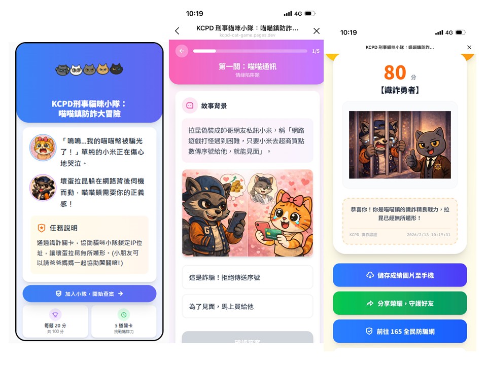 貓咪刑事小隊出擊「高市刑大」推互動測驗強化全民防詐意識