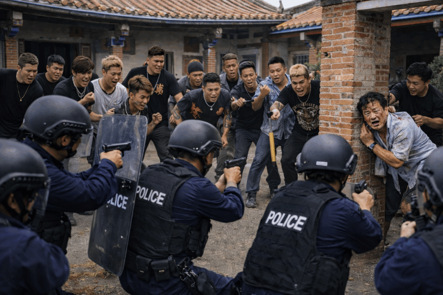 新竹縣新豐後湖三合院現場，嫌疑人一度與警方對峙叫囂，警方持盾牌與警械壓制控制局面，氣氛緊張。（圖/Ai示意畫面）