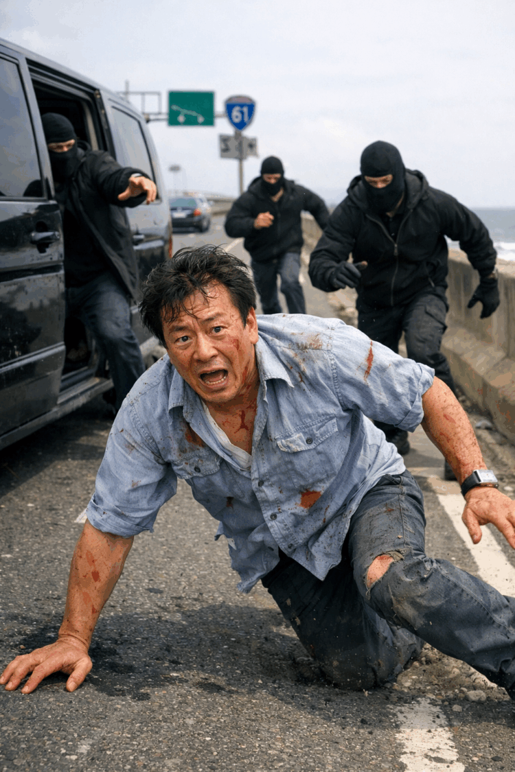 被害男子於西濱快速道路跳車後驚慌奔逃，身上多處擦傷，後方疑似嫌疑人緊追在後，場面驚險。（圖/Ai示意畫面）