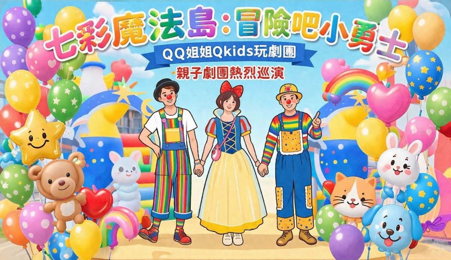 「七彩魔法島：冒險吧小勇士」主視覺海報，以繽紛童趣設計呈現QQ姐姐Qkids玩劇團親子劇場巡演主題，營造歡樂與冒險氛圍。（圖／QQ姐姐Qkids玩劇團提供）