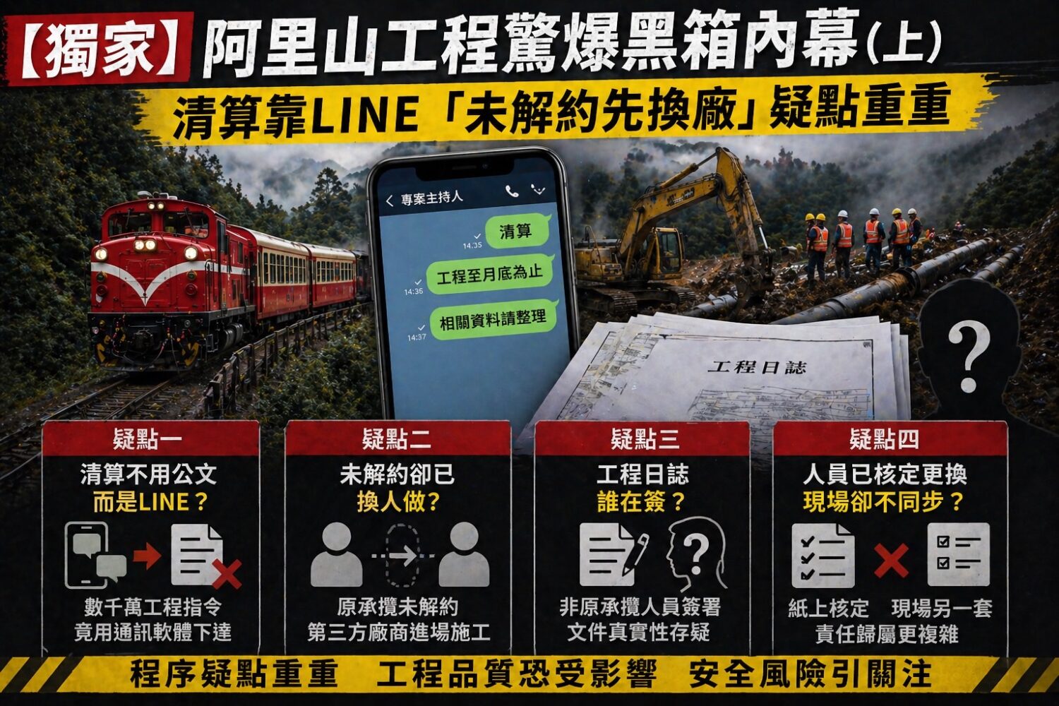 阿里山林鐵光纖工程爆出多項履約疑點，包括清算指令疑透過通訊軟體下達、未完成解約即更換施工廠商，以及工程日誌簽署身分不明等問題，引發程序合法性與工程品質關注。（圖／警政時報專案組）