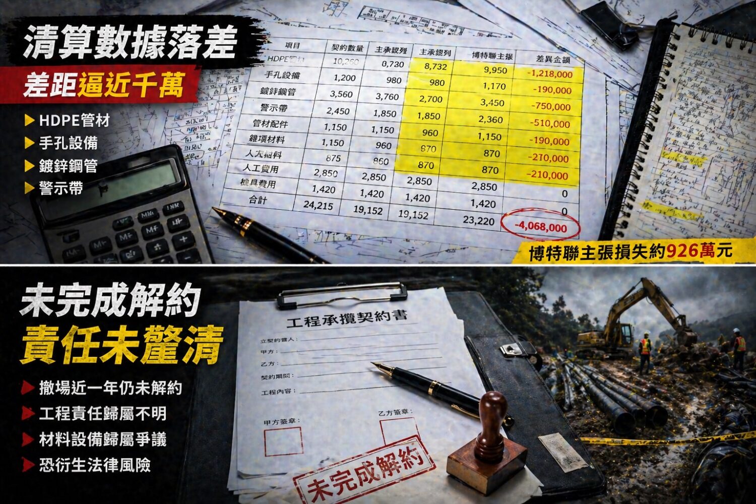 工程清算資料顯示多項項目數據存在差異，部分內容以標記方式凸顯落差，涉及HDPE管材、手孔設備及鋼管等項目，引發金額認列與清算標準爭議。（圖／警政時報專案組）