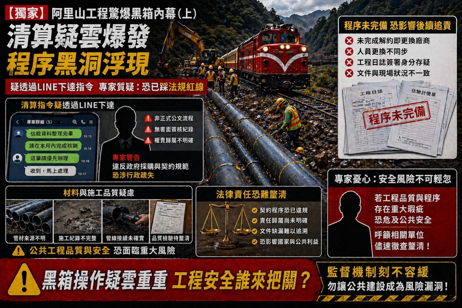 阿里山林鐵工程爭議由程序問題延伸至施工品質與安全風險，包含材料來源、施工紀錄與責任歸屬等疑點，外界關注是否影響長期結構安全。（圖／警政時報專案組）