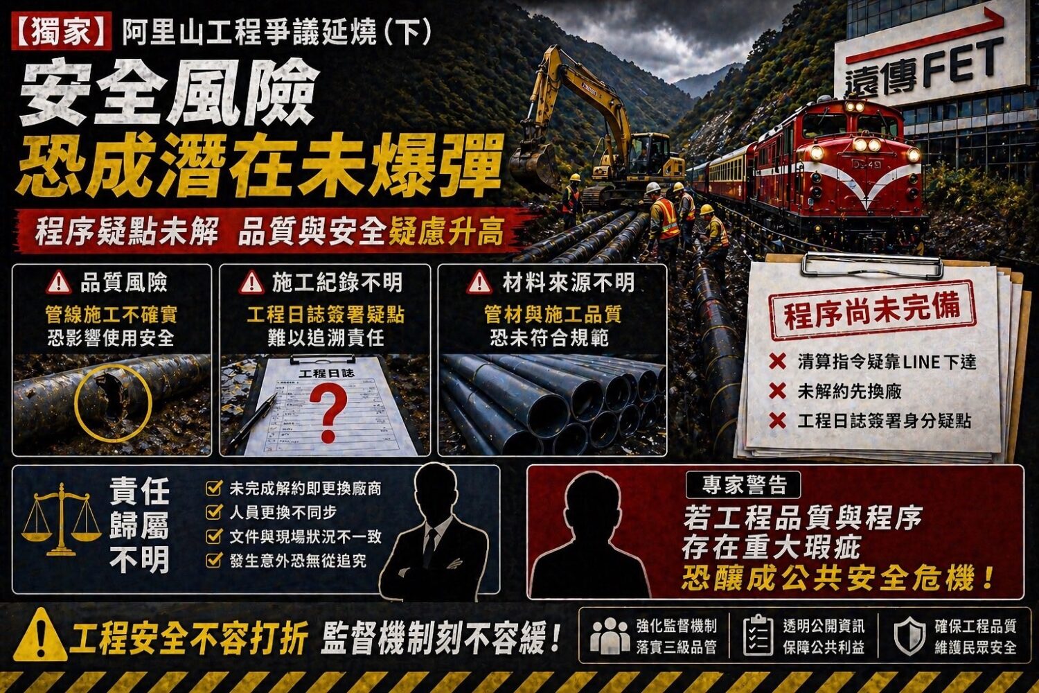 阿里山工程爭議由程序問題延伸至品質與安全風險，包含材料強度穩定性、施工紀錄與責任歸屬等疑點，外界關注是否影響長期結構安全與公共工程可靠性。（圖／警政時報專案小組）