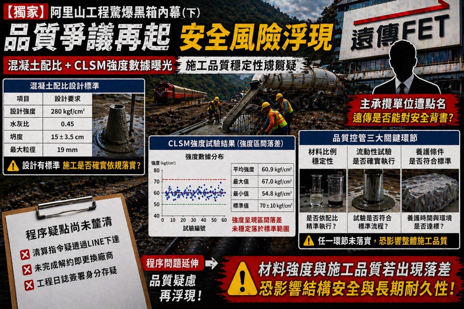 阿里山工程爭議由程序問題延伸至品質與安全風險，包含材料強度穩定性、施工紀錄與責任歸屬等疑點，外界關注是否影響長期結構安全與公共工程可靠性。（圖／警政時報專案小組）