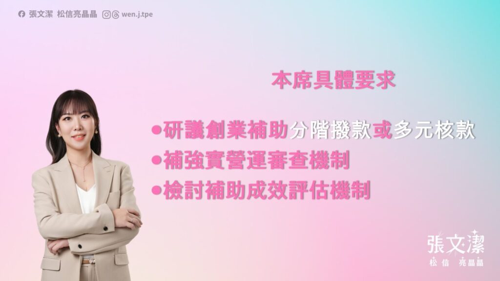 台北市議員張文潔質詢北市產業補助成效。（圖／張文潔辦公室提供）