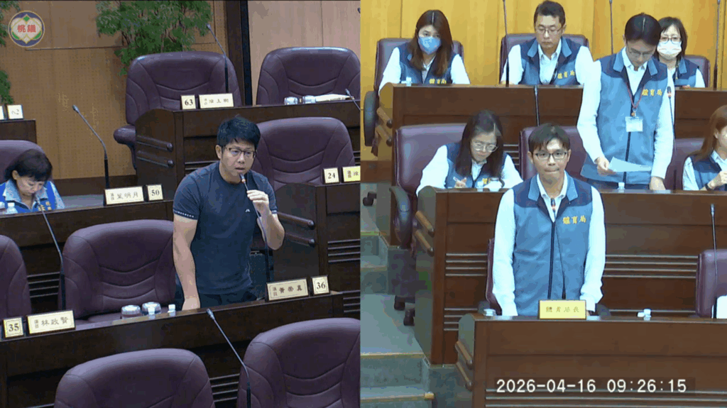 桃園市議員黃崇真昨（16）日於桃園市議會質詢，表示桃園市全民運動參與率高，但場地有限，希望市府能正視該問題而不是淪為喊口號。（記者翻攝）