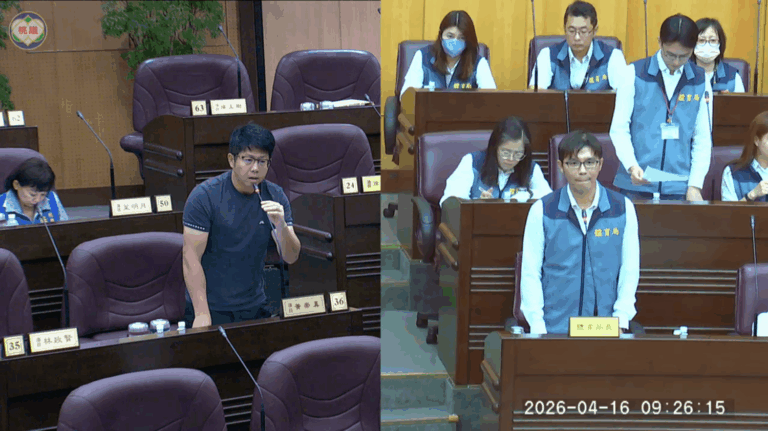 桃園市議員黃崇真昨（16）日於桃園市議會質詢，表示桃園市全民運動參與率高，但場地有限，希望市府能正視該問題而不是淪為喊口號。（記者翻攝）