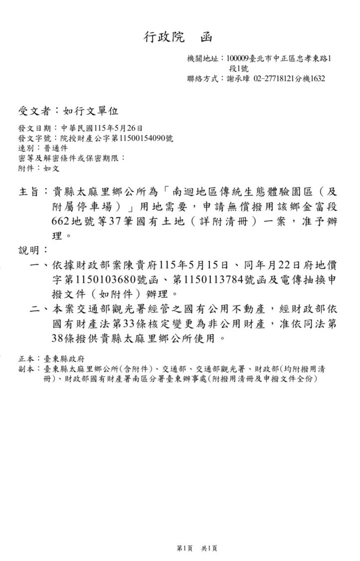 行政院27日正式函覆台東縣政府，同意太麻里鄉公所為辦理「南迴地區傳統生態體驗園區及附屬停車場」用地需求，無償撥用太麻里鄉金富段662地號等37筆國有土地。(圖／黃仁國會辦公室)