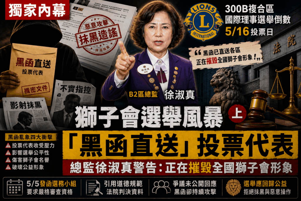 國際獅子會300 B2區總監徐淑真公開發聲，質疑近期大量黑函直接寄送各區正代表，已對選舉公平與獅子會形象造成嚴重衝擊，引發獅友圈高度關注。（圖／警政時報專案組Ai示意圖）