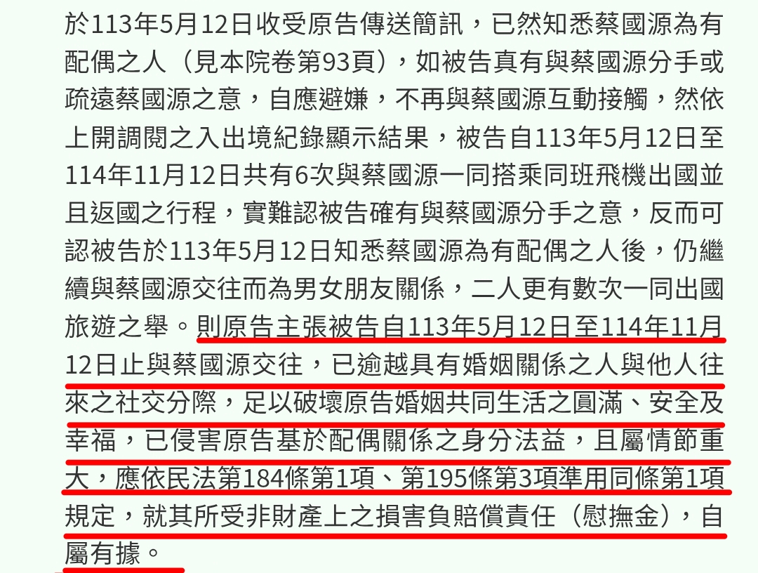 法院認定，兩人往來已逾越一般社交分際，侵害蔡妻配偶權。（圖／記者 趙靜姸翻攝）