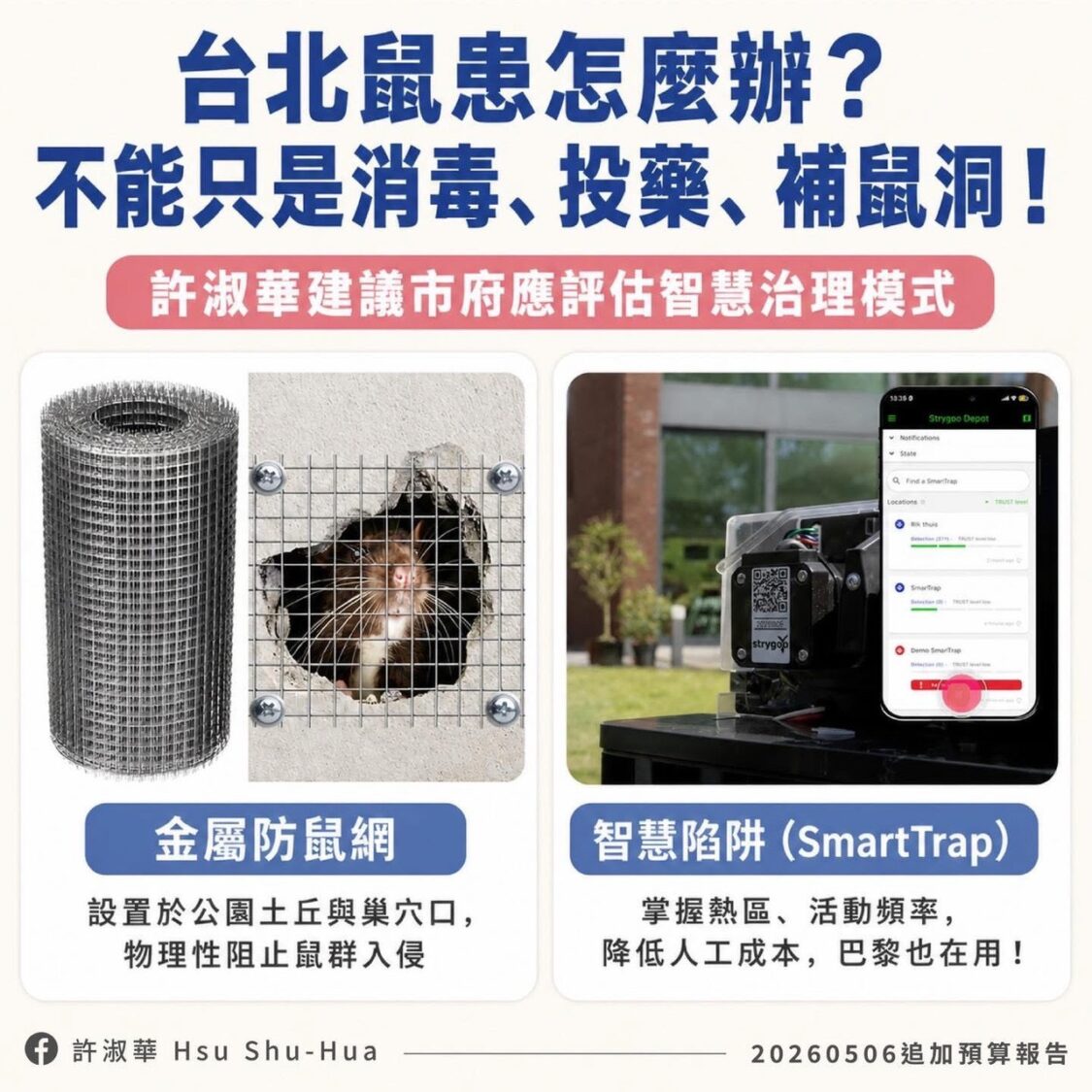 台北市議員許淑華呼籲市府評估智慧治理解決鼠患。（圖／許淑華辦公室提供）