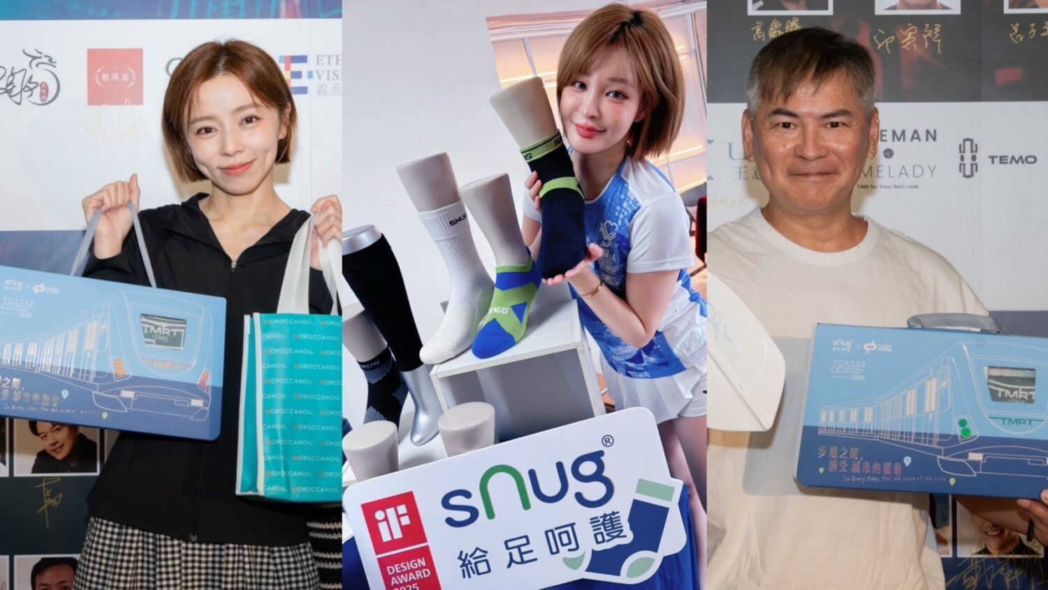 屢獲國內外大獎的台灣運動機能襪權威sNug也連續第二年站台支持，藝人王瞳（左）、孟慶而（中）、馬國賢（右）及運動員均為忠實愛用者。（圖／愛羽球協會提供）