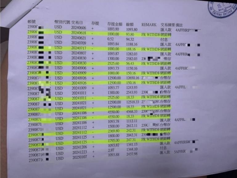 傳媒公司控訴國泰世華交易明細顯示多筆「FR WITHDRAW」「網銀轉」等不明轉帳紀錄。（圖／民眾提供）