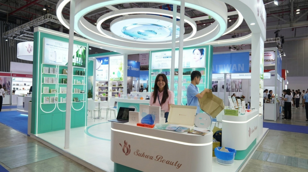 水映美於Vietbeauty與Cosmobeauté Vietnam 2026設置品牌展位,展示雙艙氫氣面膜及美容科技相關應用,拓展東南亞市場交流機會。(圖/水映美提供)