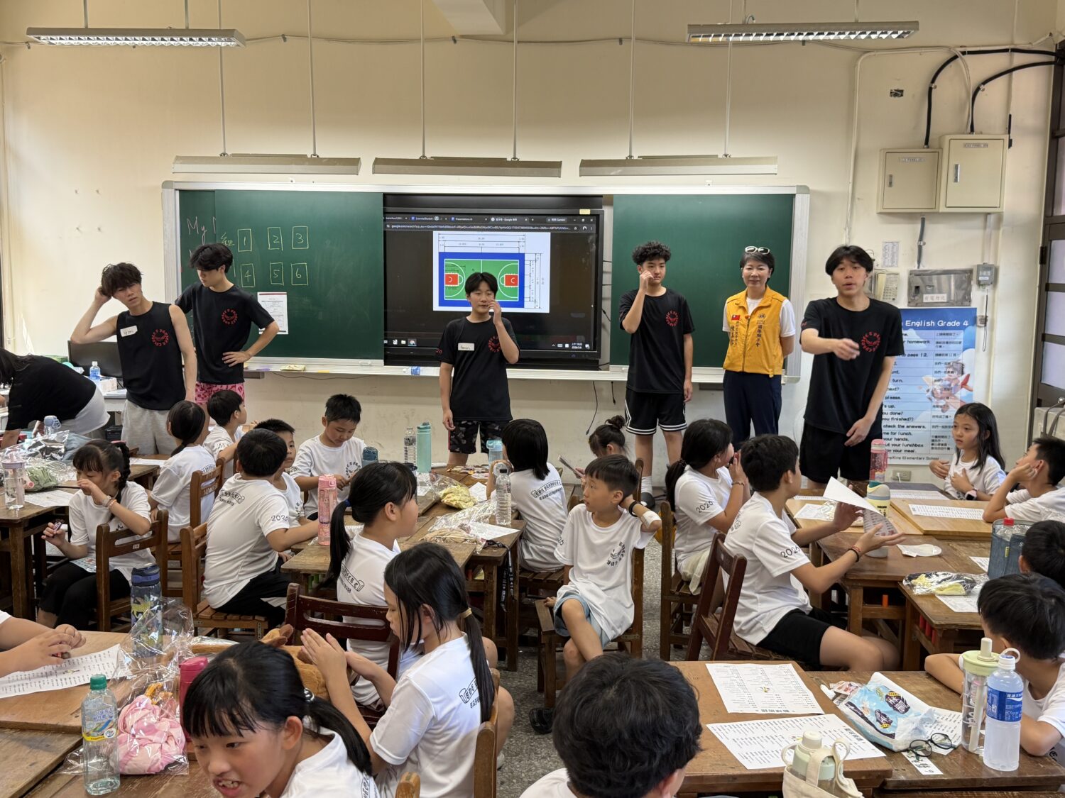 赴美留學返台青年志工以全英語互動方式帶領課程，透過情境式教學、籃球專業術語及團隊合作，引導學童在自然環境中快樂學習英文。（圖／記者林照東攝）