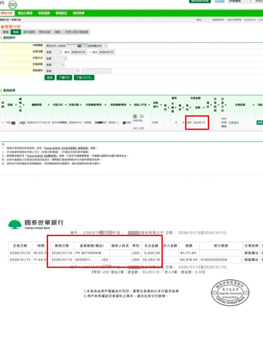 國泰世華網銀系統1月13日轉帳付款截圖顯示為一筆(上圖),但傳媒公司調閱交易明細時卻顯示當日轉帳付款資訊竟有2筆(下圖)。(圖/民眾提供)