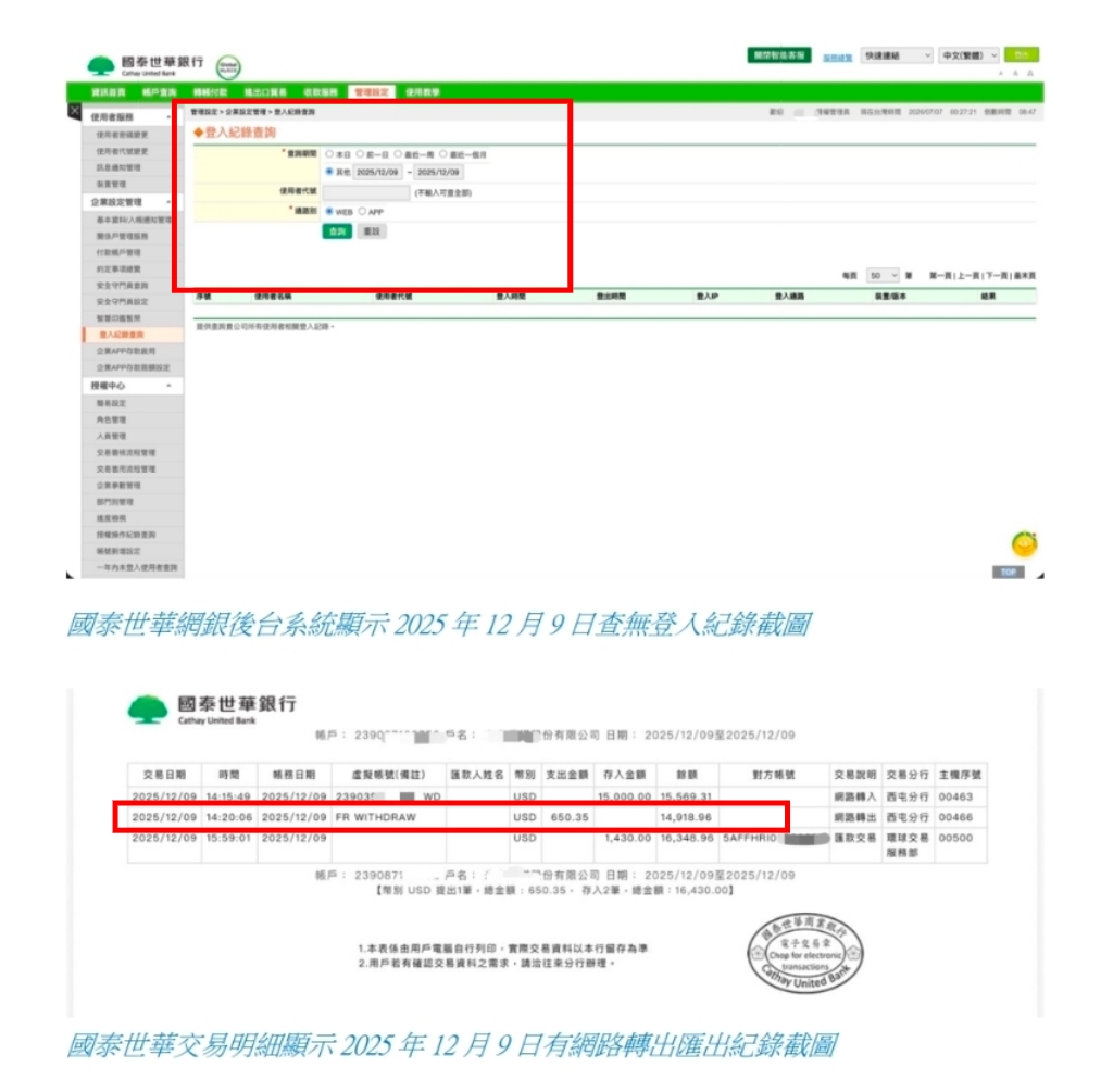 國泰世華網銀後台系統顯示2025年12月9日查無登入紀錄(上圖),但交易明細卻顯示當天有網路匯出紀錄(下圖)。(圖/民眾提供)