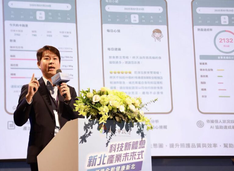 健談董事長林鈺軒在會中以「從運動到健康生活：打造下一世代智慧體驗」為題，發表專題演說。(記者 包克明攝)