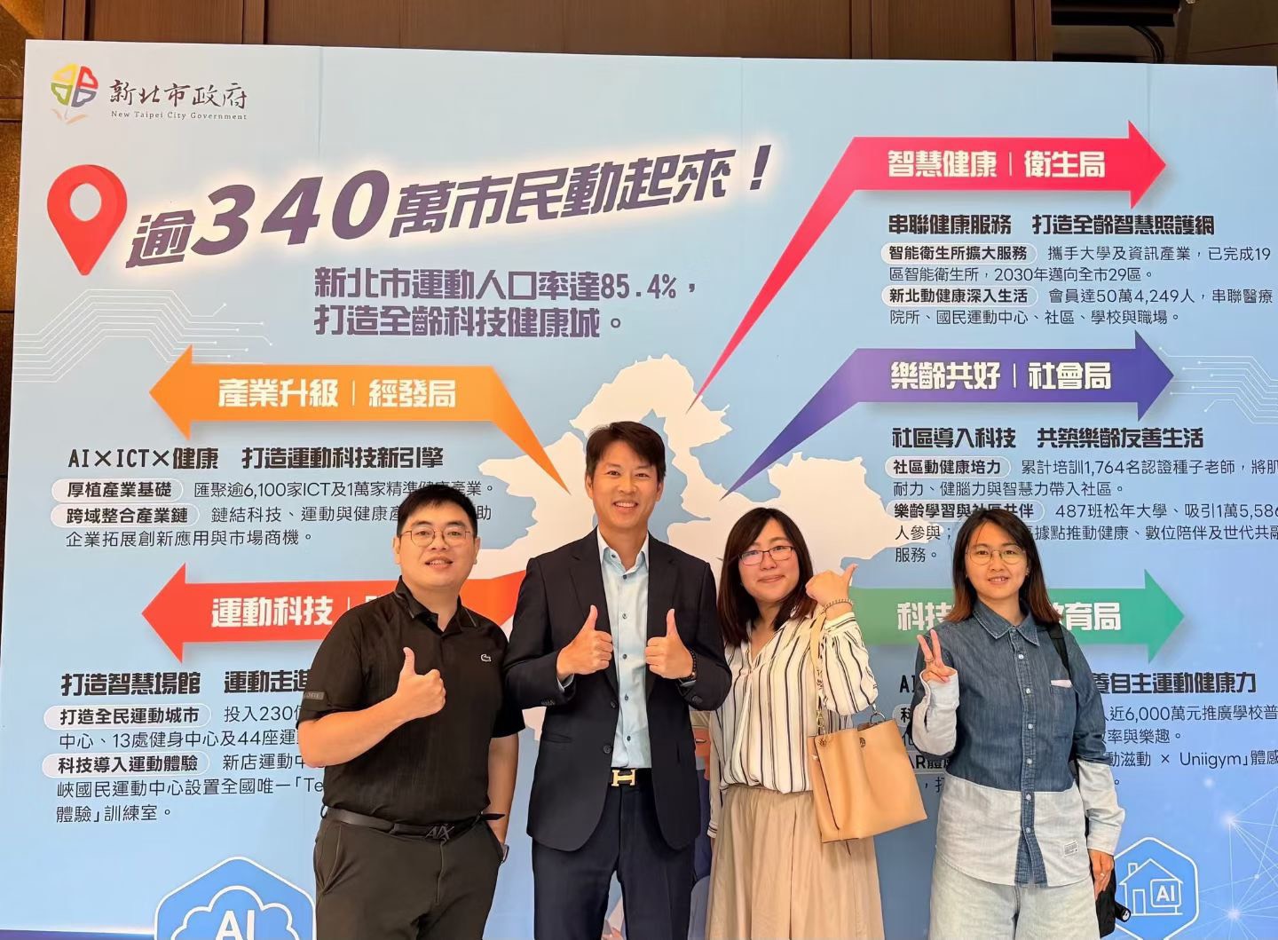 健談董事長林鈺軒(左2)率公司團隊應邀出席新北市政府經濟發展局舉辦的「科技新體驗・新北產業未來式」活動。(記者 包克明攝)
