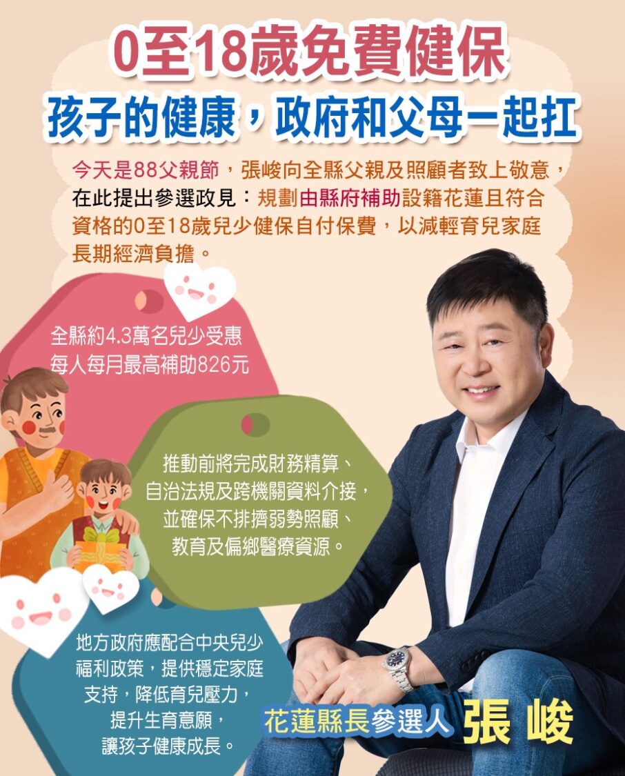 父親節拋震撼政見！張峻主張0至18歲免健保費：孩子的健康，政府和父母一起扛