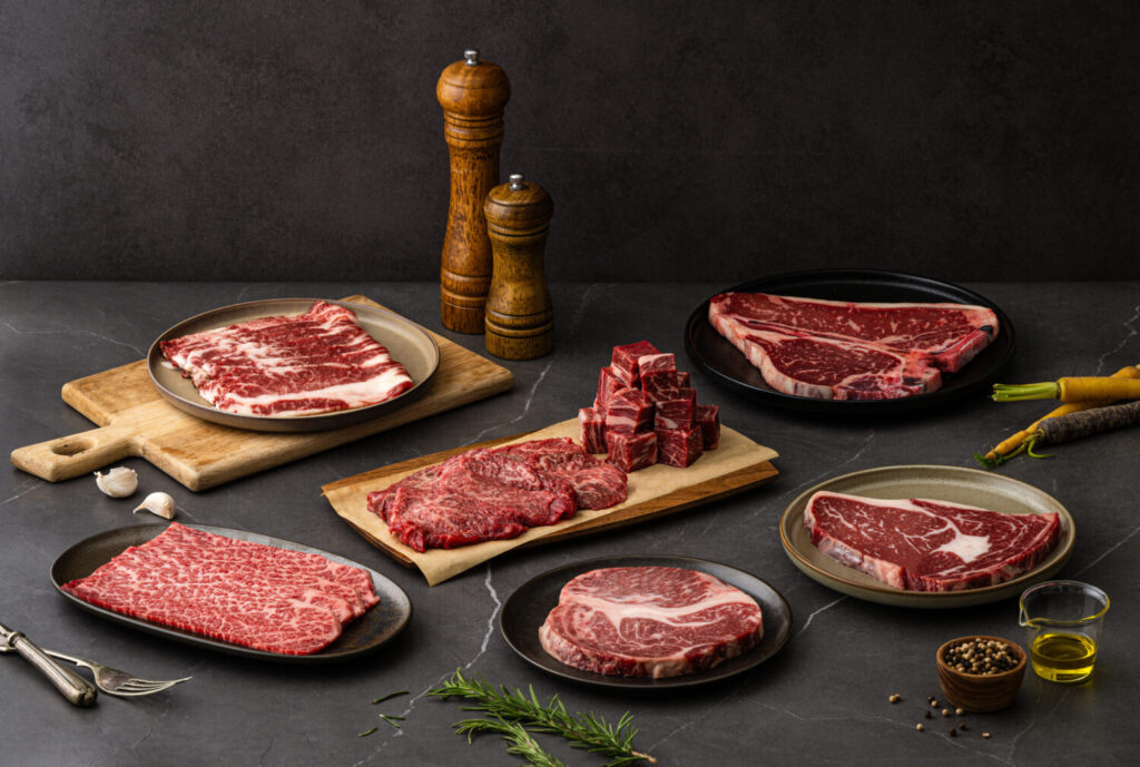 富可食品展示不同部位與規格的冷藏牛肉，細緻油花令人食指大動。（圖／富可食品提供）