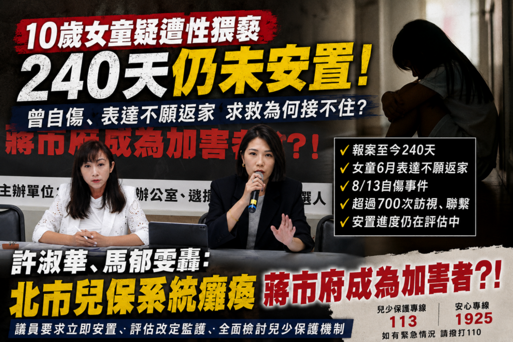 10歲女童疑遭性猥褻後，歷經約240天安置程序仍未完成。台北市議員許淑華與台北市議員候選人馬郁雯召開記者會，質疑北市兒少保護機制出現缺口，要求市府儘速完成安置並全面檢討兒保制度。（新聞封面示意圖／警政時報製）